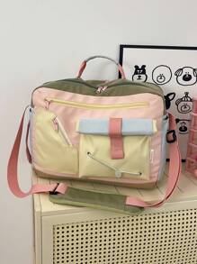 1 Piece Pink Nylon Casual Minimalist Zippered Drawstring Decorative Multi-Pocket Foldable Water-Resistant Zipper Crossbody Handbag Travel Bag (No Pendant) Suitable For Women Daily, Business Trip, Short-Distance Travel, Vacation, Clothing Storage, Weekend Bag - Pink - View 5