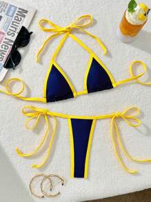 Traje de baño de bikini sexy y de moda de tanga con cintura alta de unicolor y contraste para playa, fiesta y vacaciones - Amarillo - Ver 1