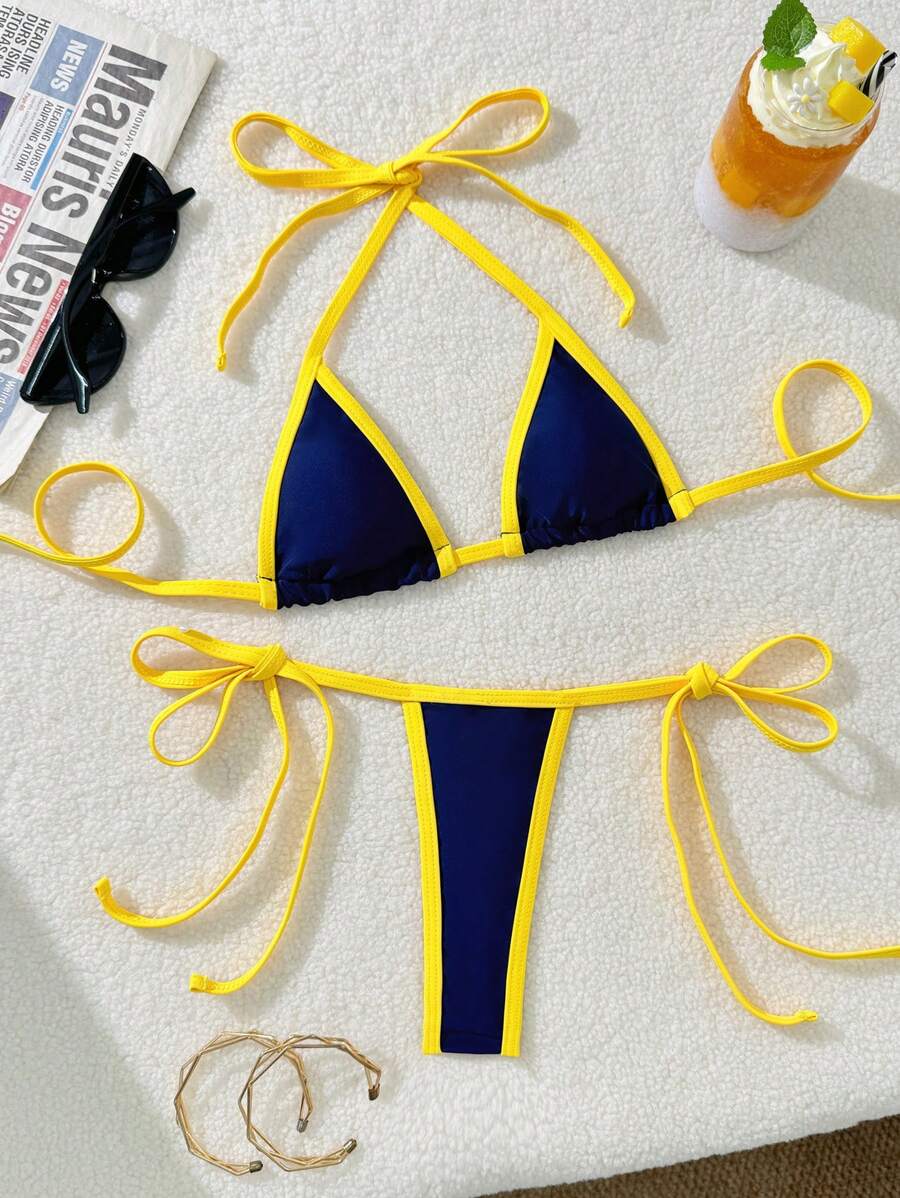 Traje de baño de bikini sexy y de moda de tanga con cintura alta de unicolor y contraste para playa, fiesta y vacaciones - Amarillo - Ver 1