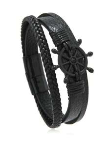 1pc Retro Black Helm Design Minimalist Leather Bracelet For Men - Rudder - View 2