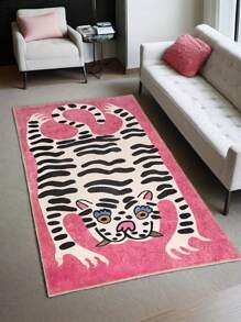 Faux Wool Plush Pink Tiger Designed Rectangular Area Rug - Soft, Washable, Non-Slip Home Decor Rug For Bedroom Or Living Room - Multicolor - View 1
