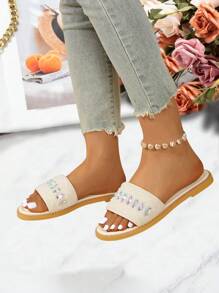 新款夏季女士水钻平底凉鞋，舒适休闲一脚蹬平底拖鞋，时尚户外凉鞋