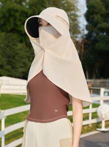 1pc Solid Color Large Brim Hat With Detachable Face Mask, Shoulder Cape For Sun Protection Polyester, Spring Season