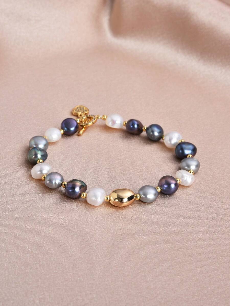 1pc 18K Gold Plated Natural Pearl Heart Decor Women Bracelet, Gift For Mother's Day, Valentine's Day, Birthday, Wedding, Engagement, Bridal - View 1