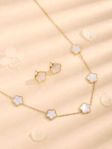Bộ trang sức 3 món bằng thép không gỉ và xà cừ trắng hình hoa 5 cánh, gồm bông tai và dây chuyền, thích hợp làm quà tặng cho bạn gái/sinh viên. - Dây chuyền + bông tai hoa 5 lá - Xem 10