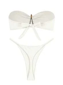 新款春夏欧美休闲性感优雅白色纯色无肩带海星图案女士比基尼套装，适合海滩度假派对约会 - 白色 - 查看 4