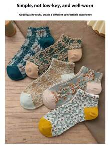 5 Pairs Vintage Style Women Socks With Delicate Floral Patterns, Comfortable & Skin-Friendly, Adding Elegant Retro Vibe To Your Outfits - Multicolor - View 6