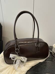 1 件女式纯色闪亮 PU 面料单肩包，时尚多口袋大容量保龄球包，带拉链开合，适合日常和户外使用（随吊坠出售）