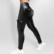 Womens Butt Lifting Leggings With Flap Pockets High Waist Tummy Control Workout Cargo Leggings Yoga Pants