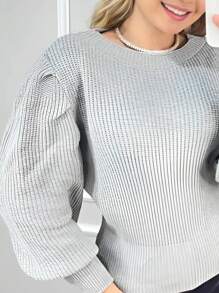 Women's Winter Cold Weather Puff Sleeve Princess Long Pleated Knit Sweater Top - 淺灰色 - 查看 2
