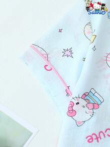 Set de 2 piezas de pijama para mujer de primavera/verano con parte superior de manga corta con botones y bolsillo con estampado de Hello Kitty de Sanrio y pantalones cortos con lazo, adecuado para uso en casa