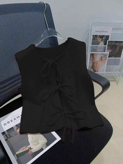 Colete de malha com decote redondo e laço, cor sólida, para trabalho