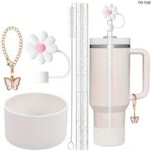 Set de 6 accesorios para taza de 40oz/30oz, incluye pajita con purpurina y cepillo, tapa con diseño de flor, bota de silicona, cadena con dije de mariposa, perfecto para deportes al aire libre, ideal como regalo para el Día de San Valentín, Día de la Madre y útiles escolares