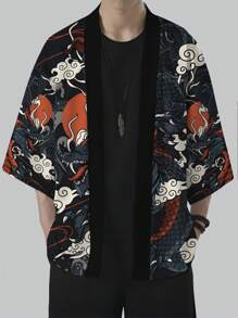 Casual Dragon Silhouette Print Kimono, Comfortable And Suitable As A Gift