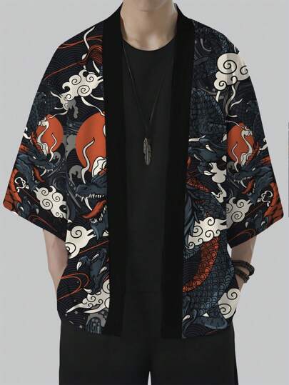Casual Dragon Silhouette Print Kimono, Comfortable And Suitable As A Gift
