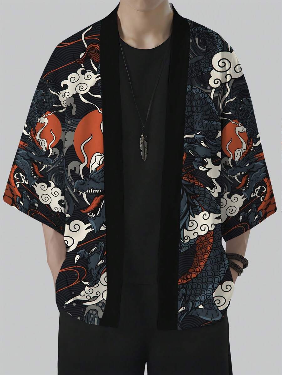 Casual Dragon Silhouette Print Kimono, Comfortable And Suitable As A Gift