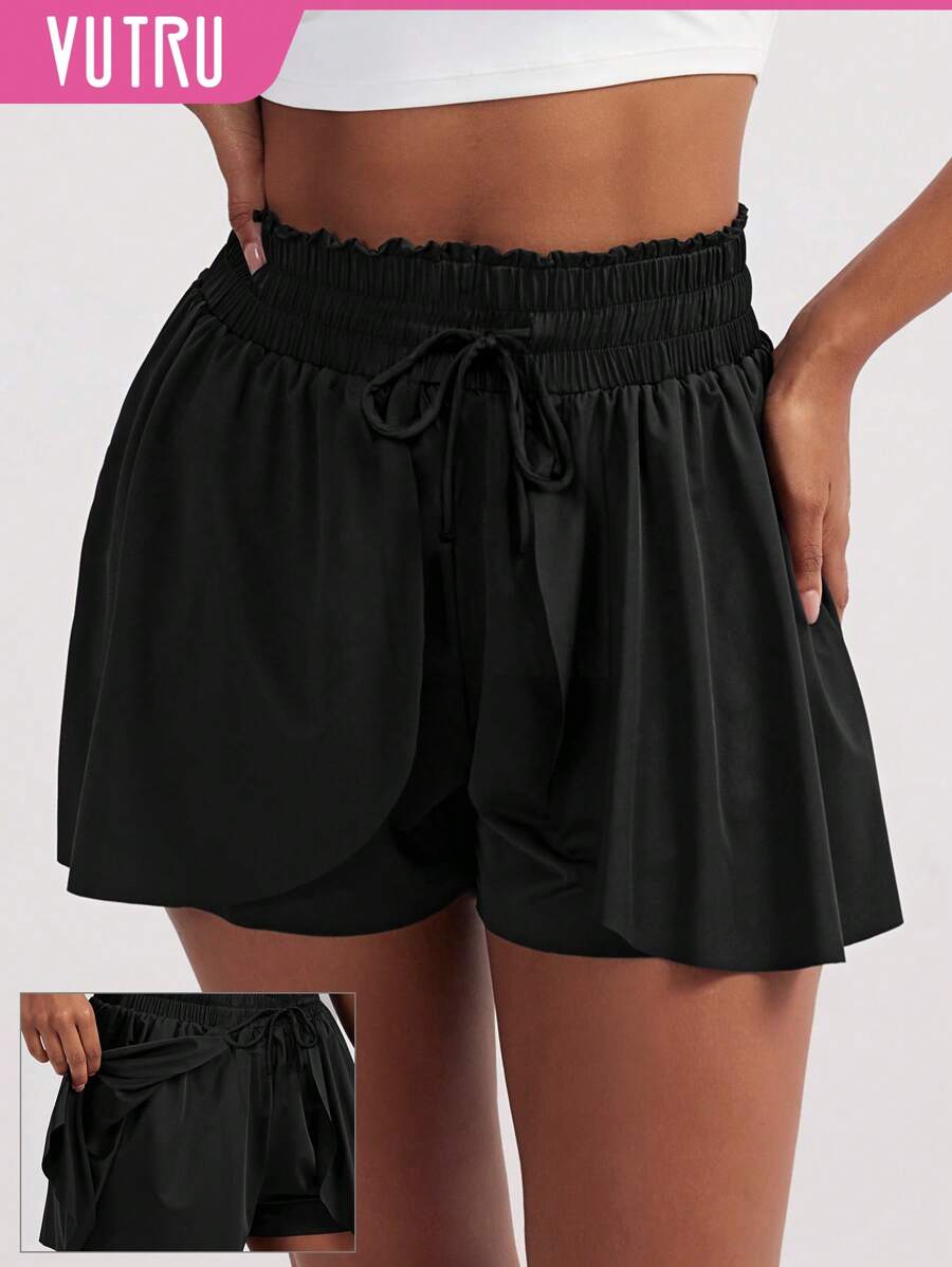 1pc VUTRU Drawstring Tennis Shorts, Flowy Lightweight For Yoga, Studio, Gym, Daily Wear, Spring/Summer - Black - View 1