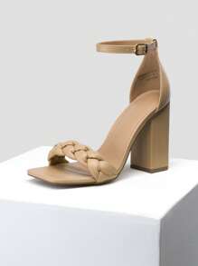 Women Wide Fit Braided Chunky High Heeled Sandals Fashion Open Toe Ankle Strap Summer Sandals For Daily Wearing Wedding Party Prom - Apricot - View 3