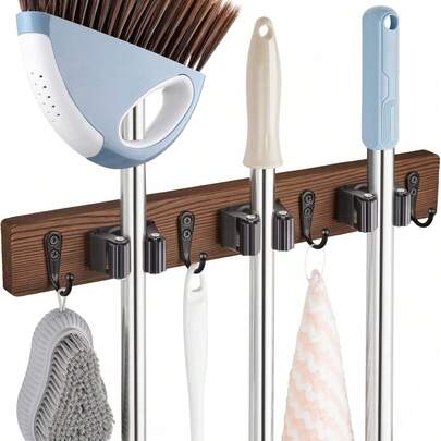 ALQD Mop And Broom Holder Mount - Rustic Wood Broom Mop Hanger - Mounted Rack Organizer Closet Garage Laundry Room Decor With 4 Slots & 4 Hooks