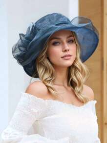 Elegant Women's Sun Hat With Floral Sheer Veil, Wavy Brim, Wide Brim Summer Outdoor Hat - Multicolor - View 14