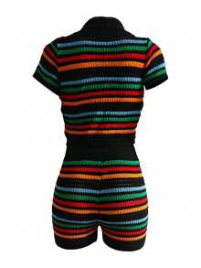 Plus Size Knit Colorblock Striped Hollow Out Sweater Set: Short Sleeve Top And Shorts, 2 Pieces Set, Spring/Summer - Black - View 2