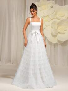 Everly L Elegant Solid Color Square Collar With Bowknot On The Front Hem Women's Tiered Mesh White Elegant Bridal Dress