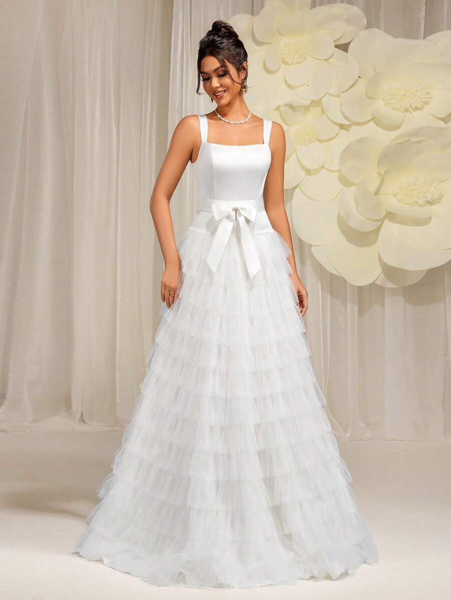 Everly L Elegant Solid Color Square Collar With Bowknot On The Front Hem Women's Tiered Mesh White Elegant Bridal Dress