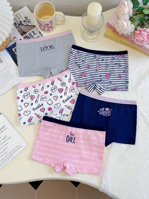 Chatreadl 5pcs/Pack Girls Cute Lipstick, Ring, Bow, Letter, Cartoon Pattern Breathable Stretchy Hipster Panties