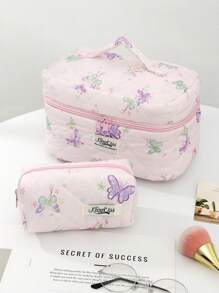 1 Set/3pcs Women Simple & Elegant European/American/Korean Style 3-Piece Set, Spring/Summer/All Season Ditsy Floral/Butterfly/Small Flower Print Makeup Bag, Cosmetic Bag, Toiletry Bag, School Pencil Case, Phone Bag, Sanitary Pad Bag, Tissue Box, Charger Bag, Travel Essentials, Gift For Birthday, Couples, Holiday - Multicolor - View 4