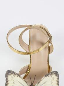 New Elegant Wedding High Heels For Women, Fashion High-End Butterfly Flowery Square Toe Sandals, Shiny Rhinestone Metallic Material Sexy Open Toe Suitable For Outdoor Party, Night Club, Fashion Show, Gold Color - Gold - View 9