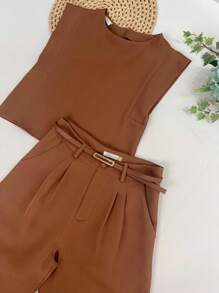 Women's Set: Summer Sleeveless Solid Color Round Neck Top And Wide Leg Pants With Belt And Bag - Bronze - View 4