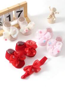 1 Pair Girls' Anti-Slip Crawler Socks With Bow Headband, Cute Warm Indoor Trampoline Socks, Suitable For Spring/Summer - Multicolor - View 4