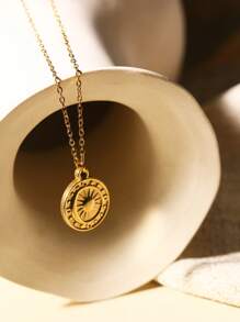 1pc Stainless Steel Minimalist Gold Crescent Moon, Star And Sun Shaped Round Pendant Necklace, Gift For Best Friend - Yellow Gold - View 5