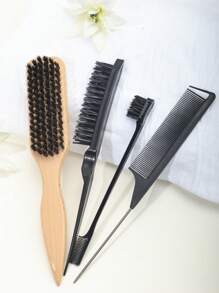 4pcs Boar Bristle Hair Brush Set - Unisex Edge Styling Set, Suitable For Creating Smooth Slick Back, Voluminous And Soft Hairstyles - Suitable For Curly And Normal Hair - Multicolor - View 5