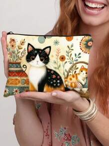 1pc Cute Cat Pattern Cosmetic Bag, Funny Cat Toiletry Bag, Portable Travel Organizer Pouch, Women Handbag, Summer Bag, Ramadan Bag, Makeup Bag, Wallet, Backpack, Holiday Essential, Holiday Travel Essential, Travel Bag, Travel Accessory - Blue - View 3
