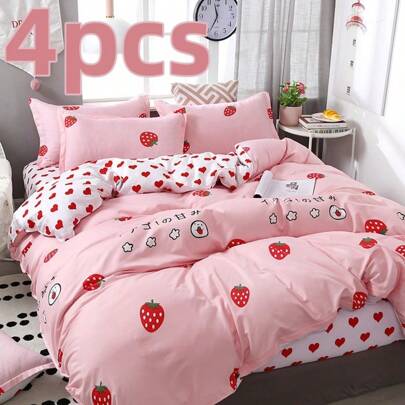 4pcs Aloe Cotton Strawberry Patterned Bedding Set, 1*Bedsheet + 1*Duvet Cover + 2*Pillowcases, No Pillow/Comforter Filling, Skin-Friendly, Soft & Cozy, Simple Design