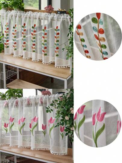 1pc Country Style Embroidered Tasseled Cafe Curtain, Farmhouse Sheer Semi-Transparent Embroidered Rod Pocket Curtain, Suitable For Kitchen, Living Room, Office Home Decor Curtains Curtains For Living Room Room Decor Home Decor Living Room Kitchen Decor Living Room Decor Room Decor Curtains Bedroom