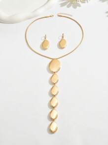2pcs Gold Metallic Geometric Asymmetrical Ellipse Pendant Necklace & Earrings Set, Exaggerated Extra Long Chain Necklace, Personalized Fashion Jewelry Set, Snake Bone Chain Y-Necklace, For Party, Formal Dress Accessories