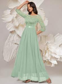 MIUSOL 优雅亮片花卉蕾丝七分袖褶裥下摆雪纺正式派对长裙，正式晚礼服，适合婚礼宾客、毕业典礼、宴会和其他场合 - 薄荷綠 - 查看 5