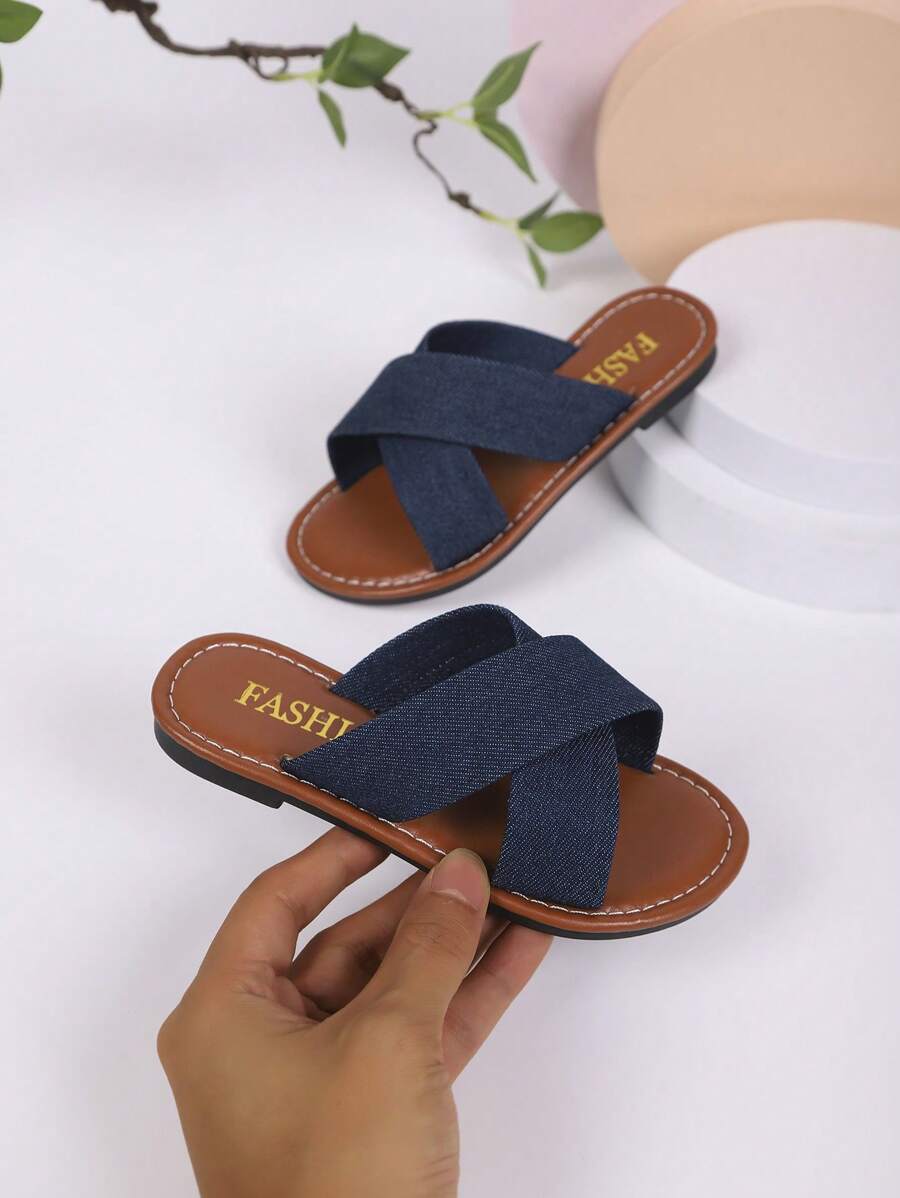2025 Summer New Natural Harmony Simple Fork With Blue Flat Bottom Beach Fashion Girls Slippers - Blue - View 1