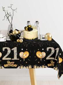 1pc Black Gold 21st & 30th & 40th & 50th & 60th & 70th Birthday Disposable Table Runner, Balloon Star Pattern Happy Birthday PE Table Cover, 21st & 30th & 40th & 50th & 60th & 70th Happy Birthday Party Decoration Table Cloth