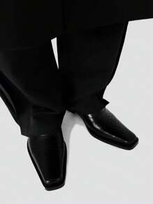 Men's Business Formal Embroidery Slip-On Square Toe Casual Leather Loafers, Elastic Band, Thick Square Heel, Fashion
