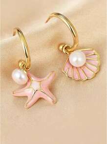 1Pair New Hot Boho Style Pearl Shell Starfish Pendant C-Shaped Drop Earrings For Women Summer Beach Jewelry