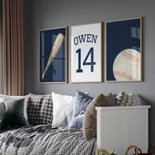 3pcs/Set Personalized Name Wall Art Poster - 3-Piece Name Canvas Wall Art - Customized Baseball Wall Art Football Wall Art Basketball Wall Art Prints Boy Room Decor Personalized Name Sign Playroom Print Boys Kids Nursery Wall Decor - Unique Gift Idea For Children Room, Nursery, Dining Room - Unframed Indoor Art Prints Optional Frame