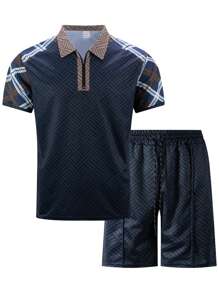 2 piezas Conjunto de polo de manga corta con cremallera y pantalones cortos de deporte de verano con estampado completo para hombre, conjunto de ropa casual de moda y uso urbano - Azul Marino - Ver 2