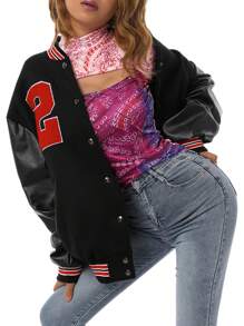 Women Oversized Baseball Jackets, Fashion Leather Long Sleeve Letter Embroidery Jackets - Red - View 9