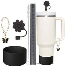 Set de 6 accesorios para taza de 40oz/30oz, incluye pajita con purpurina y cepillo, tapa con diseño de flor, bota de silicona, cadena con dije de mariposa, perfecto para deportes al aire libre, ideal como regalo para el Día de San Valentín, Día de la Madre y útiles escolares