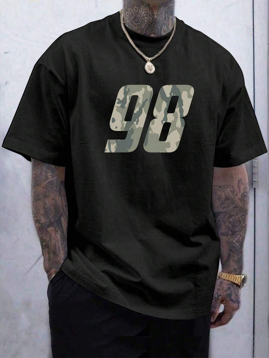 Herren lässiges, leichtes Camouflage- und Nummer 98-Muster Kurzarm T-Shirt, Mode & vielseitig, Frühling/Sommer