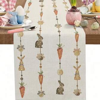 Jednoczęściowy bieżnik wiosenny, zaprojektowany z wzorami królików, marchewek i wiszących jajek, tkany w 100% z włókna poliestrowego, dostępny w wielu rozmiarach, podkładki poliestrowe nadające się do prania w pralce, odporne na ciepło, plamy, wodoodporne i łatwe do czyszczenia, odpowiednie do dekoracji biurka, dekoracji na przyjęcia świąteczne, ochrony biurka i mogą być używane jako prezent, artykuły gospodarstwa domowego codziennego użytku, przybory kuchenne i wiosenna dekoracja wnętrz.