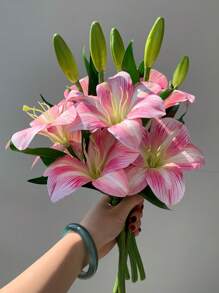 5pcs/3pcs/2pcs/1pc (Pink/Beige/Blue/Green) 37cm/14.57inch Artificial Lily Flowers, Long Stem Artificial Stargazer Lilies With Full Bloom Lily & Tiger Bouquets For Home, Hotel, Wedding Decoration, Bridal Backdrop, Bouquets, Corsages, Wedding Arch, Party Decor - Multicolor - View 2